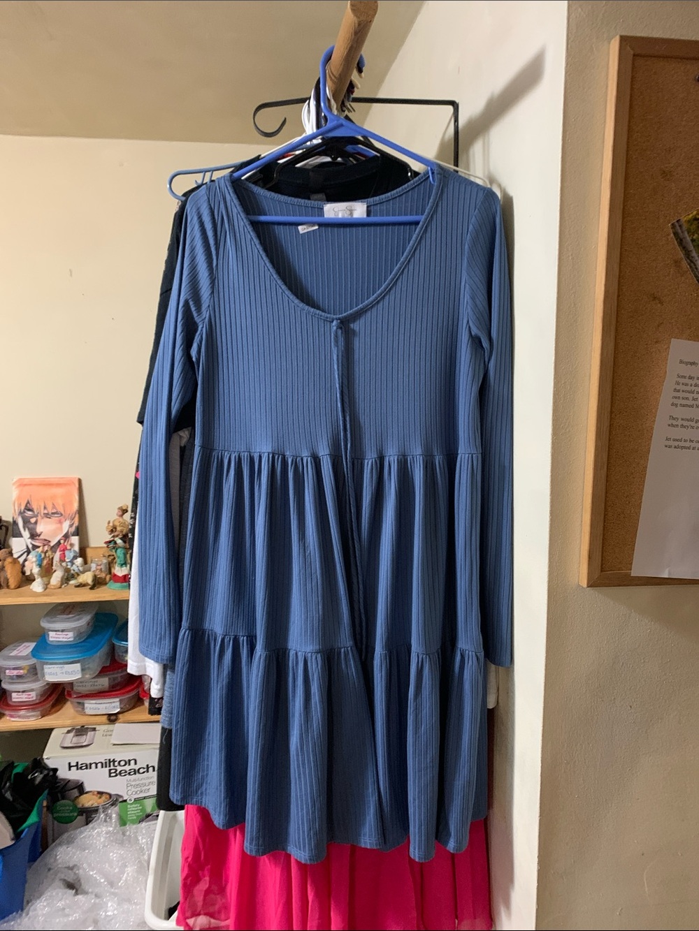 Jessica Simpson Blue Ribbed Long-Sleeve Tiered Dress. XL